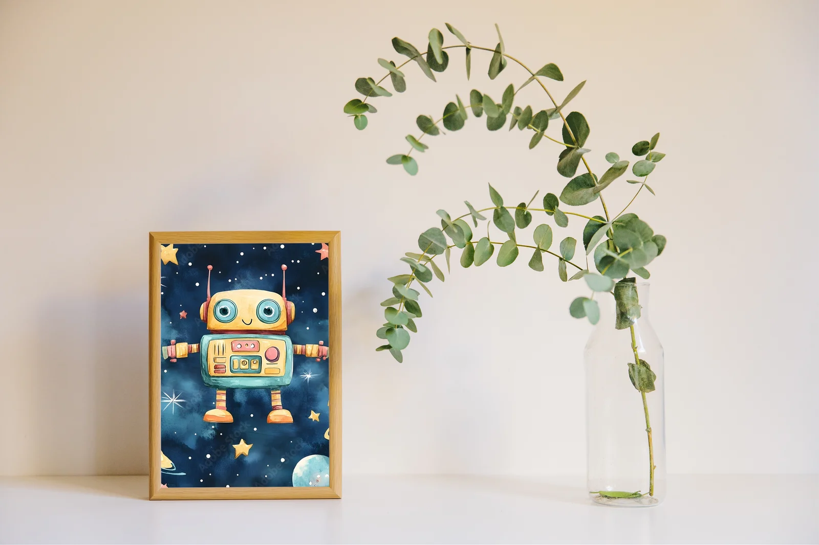 Radosny robot wśród gwiazd w pastelowych barwach