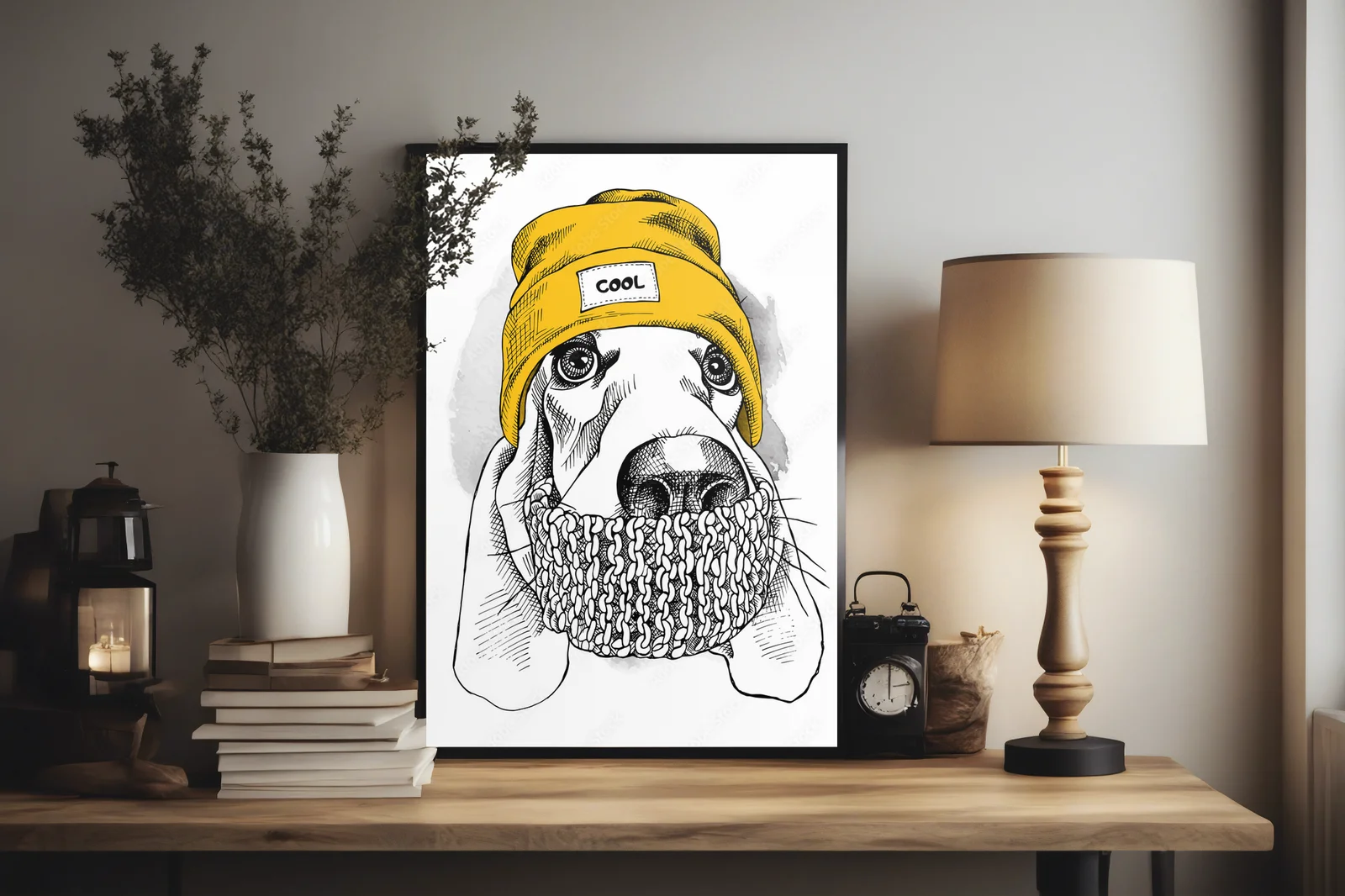 Stylowy Basset Hound w hipsterskim nakryciu