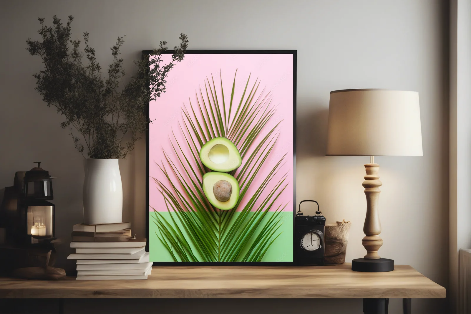 Soczyste awokado na liściu palmy w pastelowych tonach