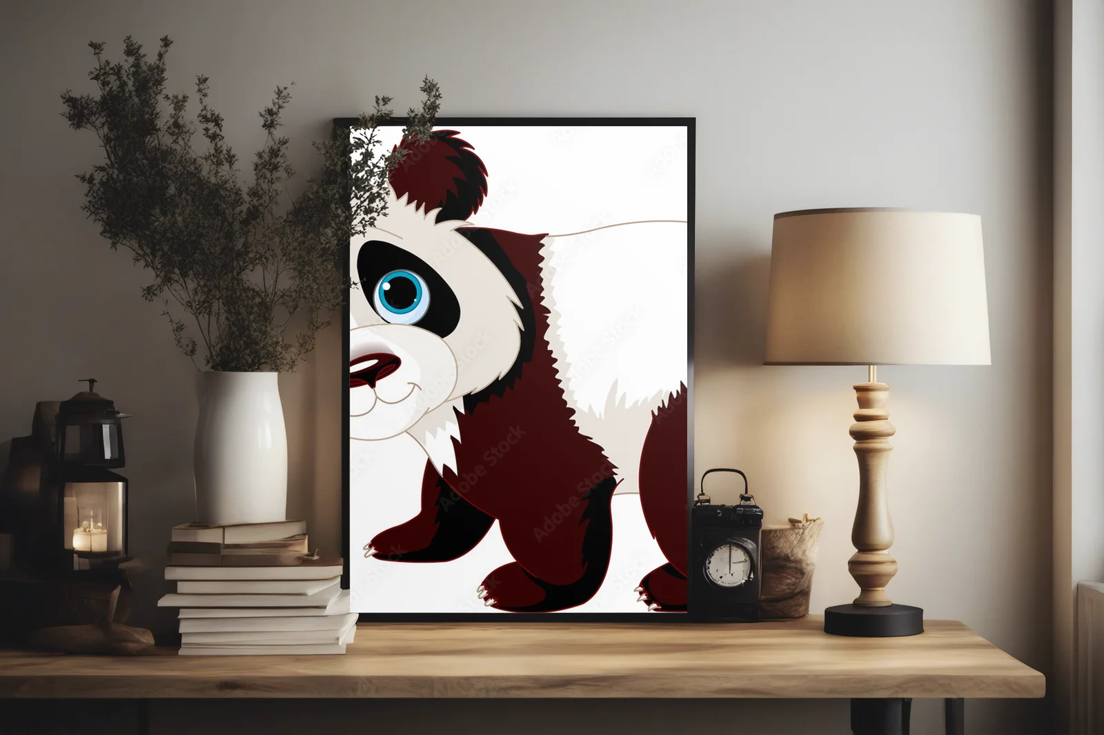 Radosny panda spacerujący w białej magii