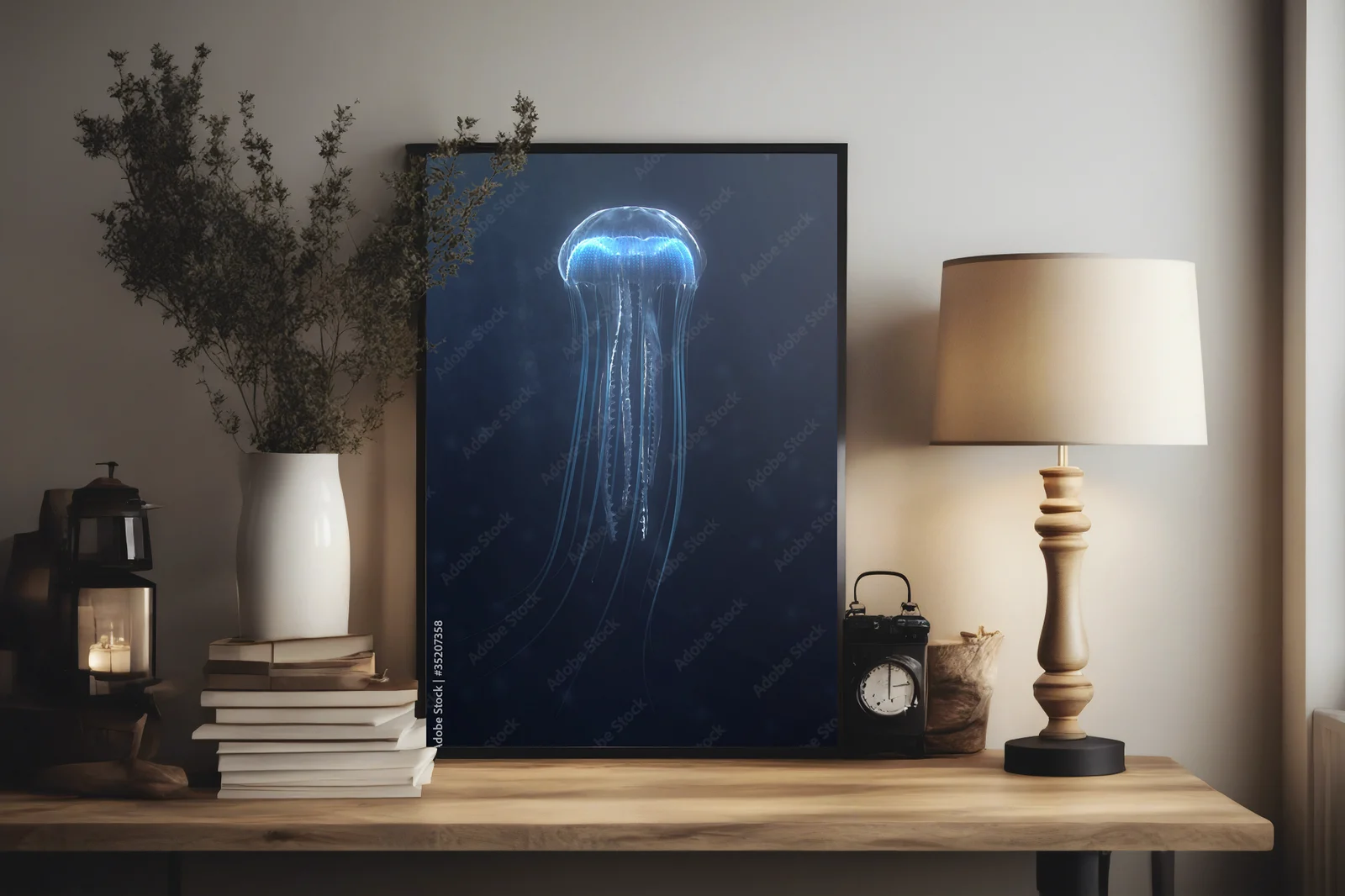 Bioluminescencyjne stwory morskie w ciemnych tonacjach