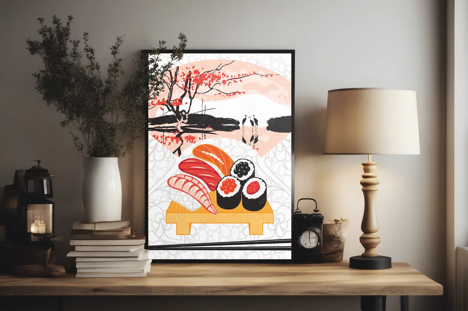 Sushi w akwarelowym krajobrazie i delikatnych odcieniach