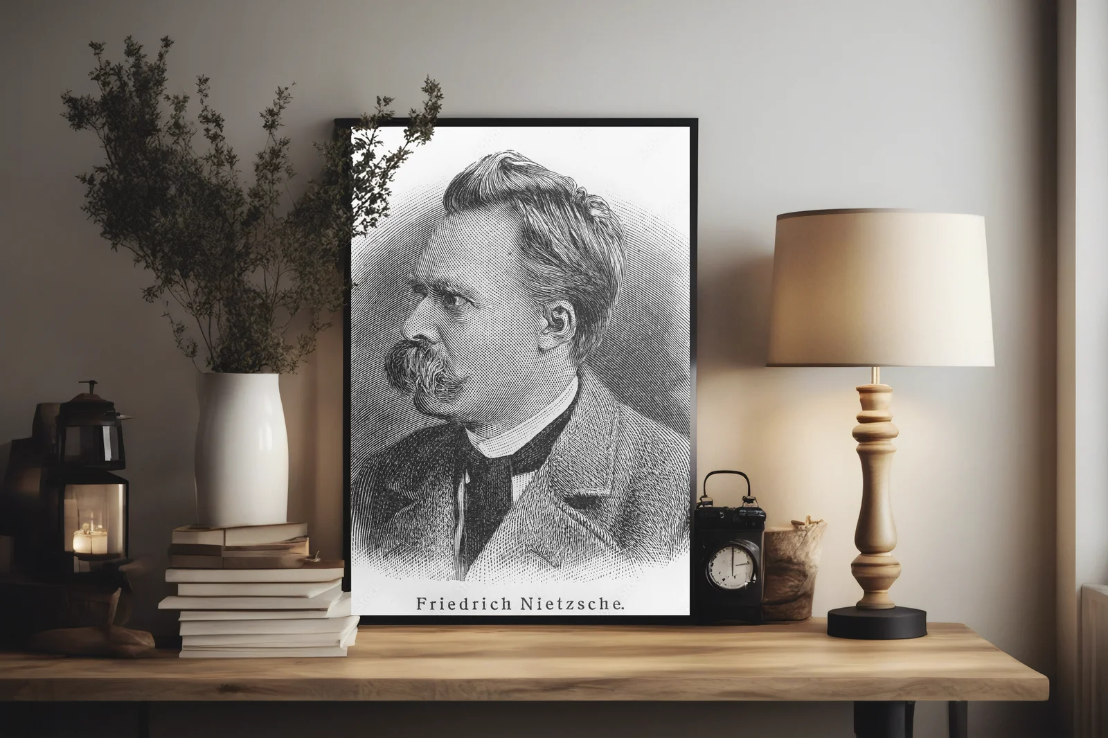 Intrygujący portret filozofa w odcieniach delikatnego beżu
