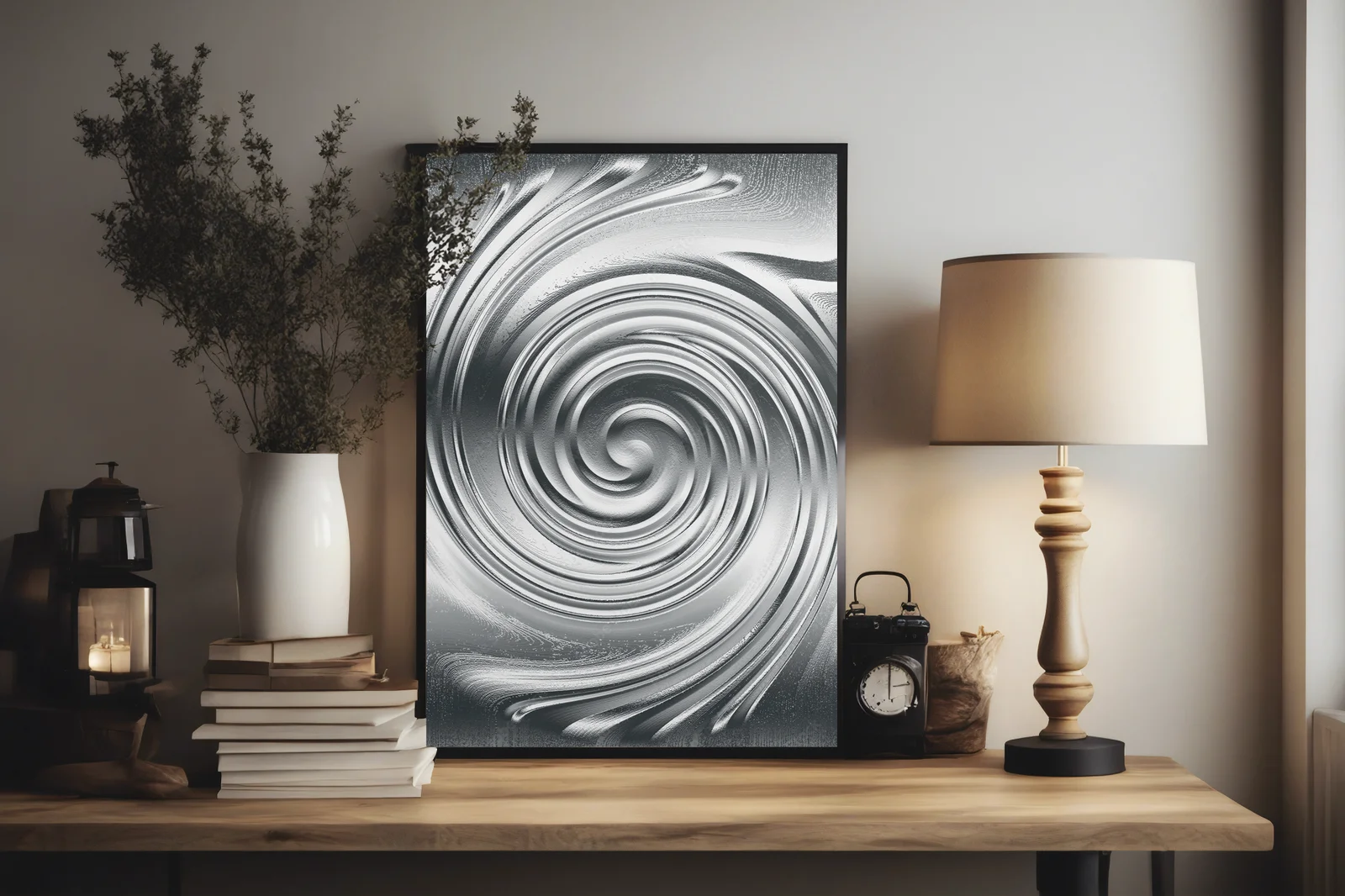 Abstrakcyjna spiralna elegancja w srebrnej tonacji