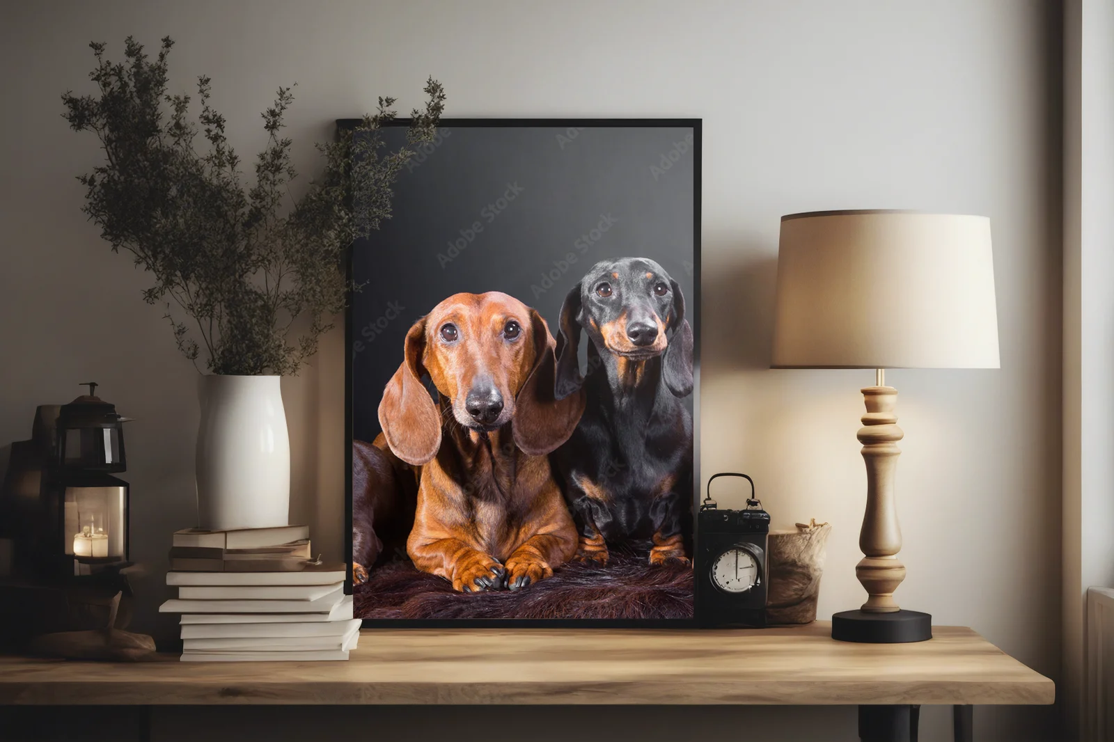 Cztery urocze dachshundy w tajemniczym otoczeniu