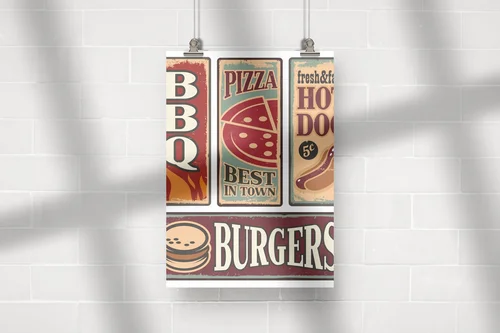 Vintage oznakowanie fast food w klasycznych barwach