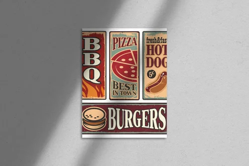 Vintage oznakowanie fast food w klasycznych barwach
