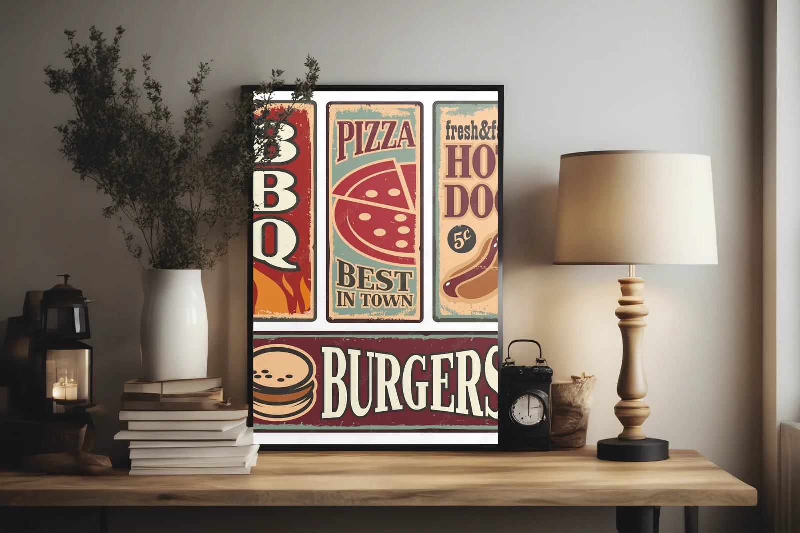 Vintage oznakowanie fast food w klasycznych barwach