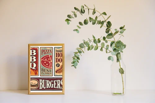 Vintage oznakowanie fast food w klasycznych barwach
