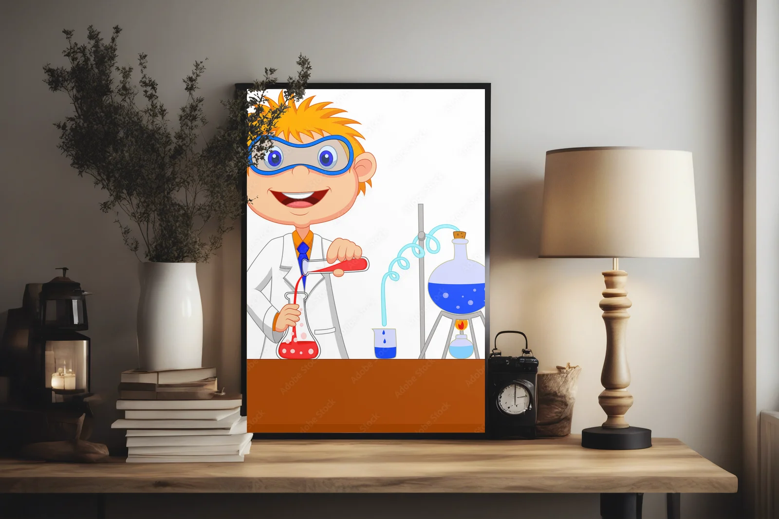 Radosny chłopiec zanurzony w chemicznym odkrywaniu