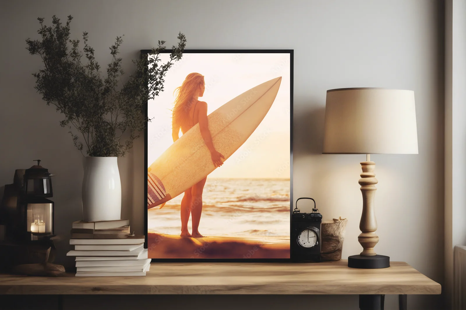 Surferka w zachodzie słońca na hawajskiej plaży
