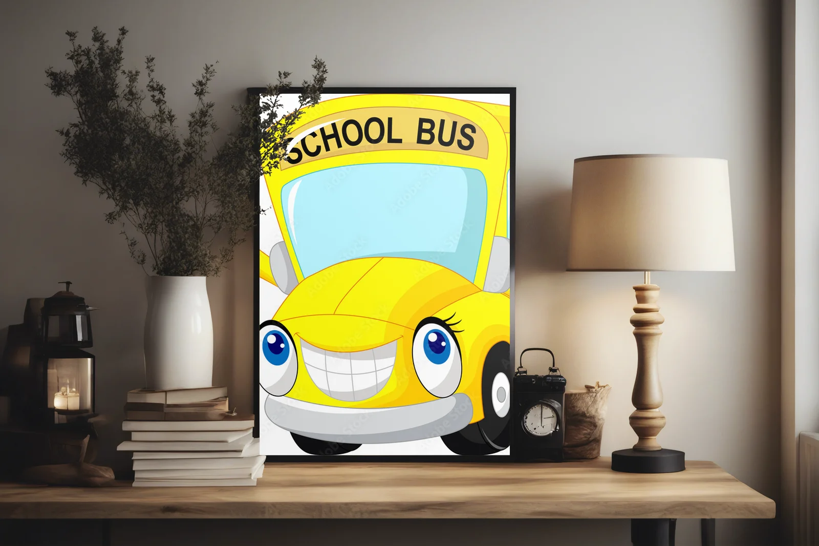 Wesoły autobus szkolny w energetycznych barwach