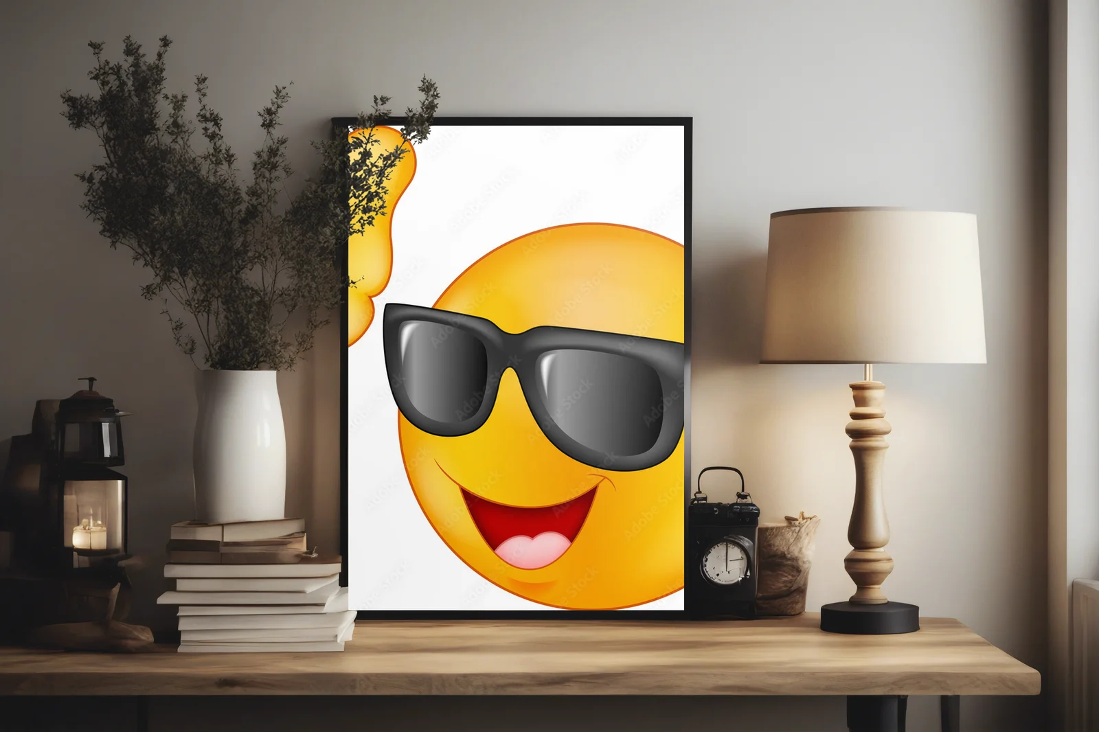 Uśmiechnięty emotikon z okularami w promiennych barwach