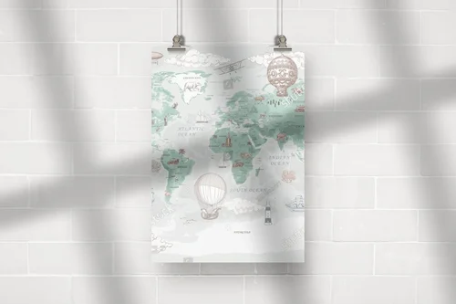 Retro mapa świata z balonami w pastelowych odcieniach