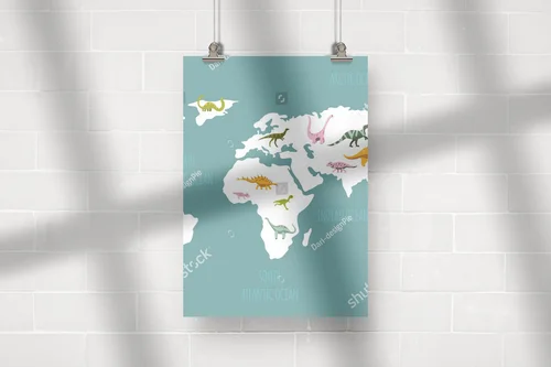 Baśniowa mapa dinozaurów w pastelowych odcieniach