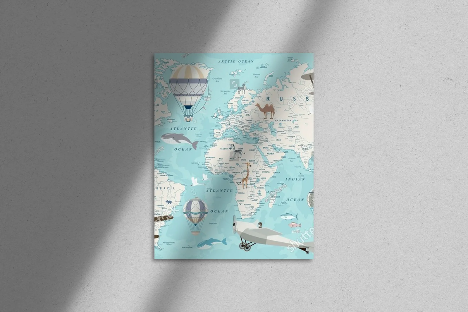 Przygodowa mapa świata z samolotami i zwierzętami