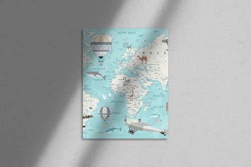 Przygodowa mapa świata z samolotami i zwierzętami