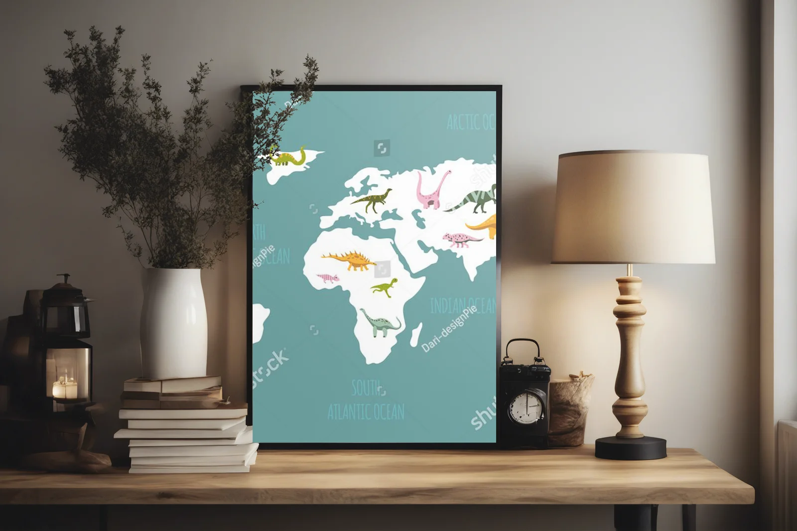 Baśniowa mapa dinozaurów w pastelowych odcieniach