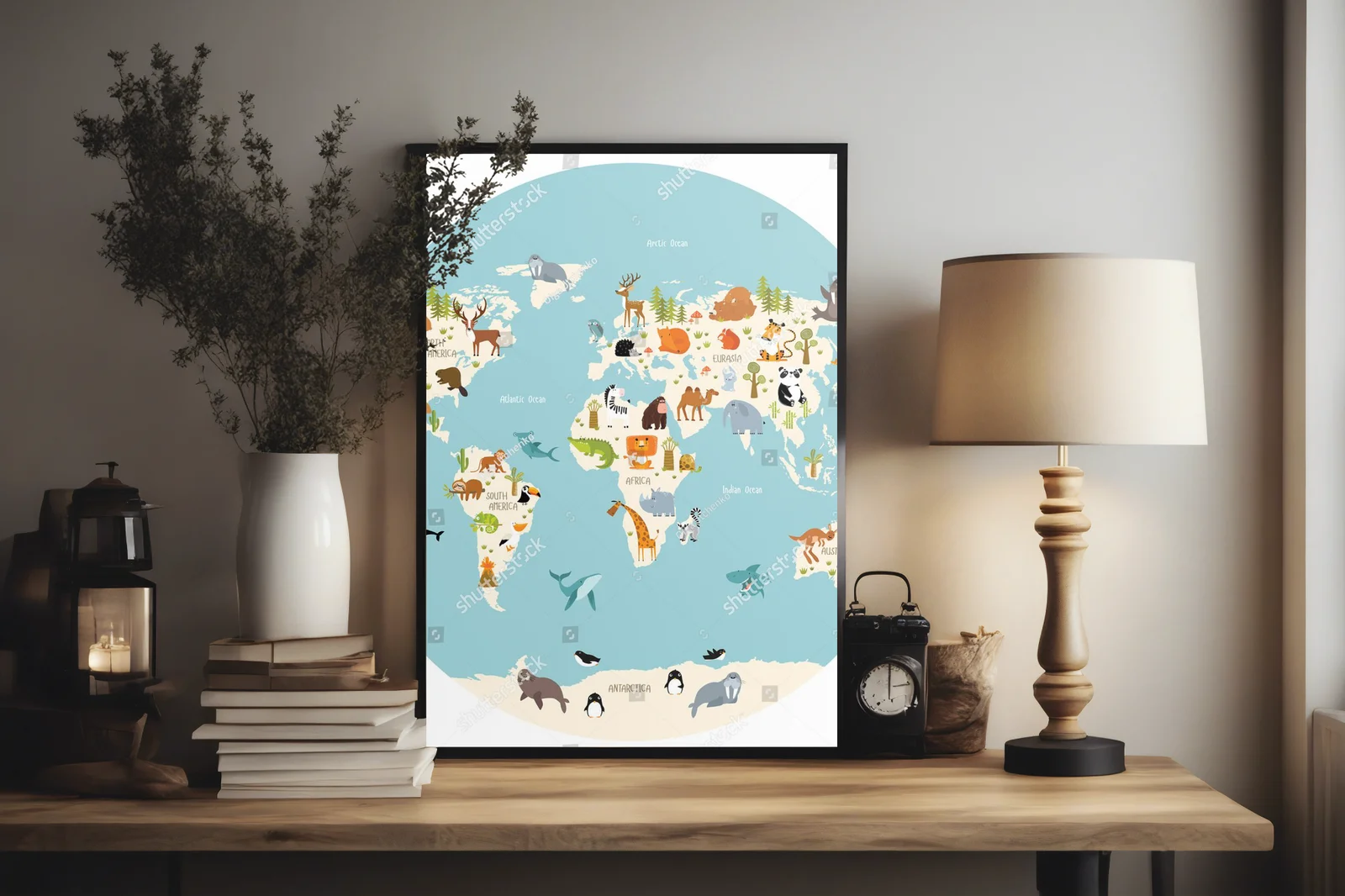 Radosna mapa świata z bajkowymi zwierzętami