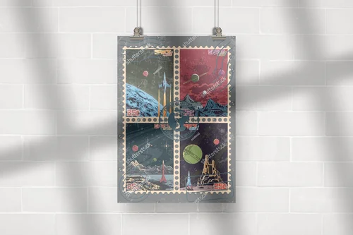 Fantastyczny pejzaż planet w stylu retrofuturystycznym