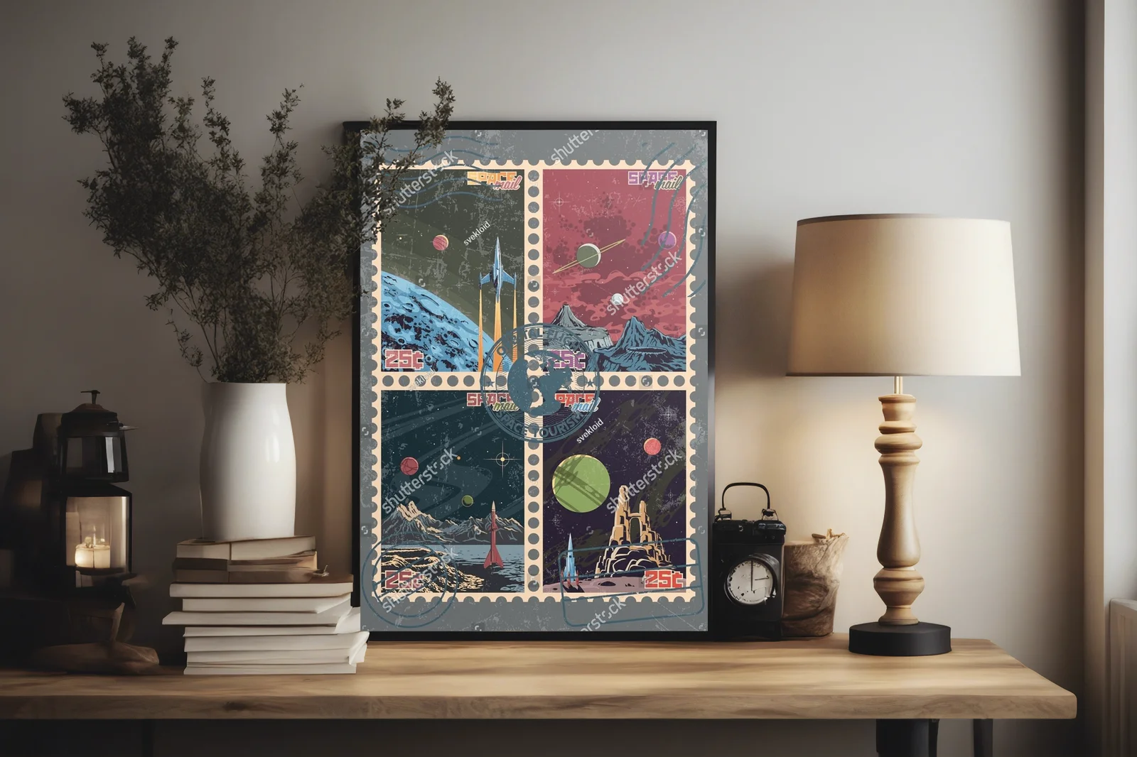 Fantastyczny pejzaż planet w stylu retrofuturystycznym