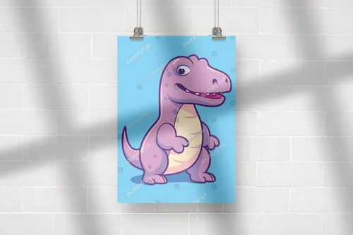 Radosny niebieski dinozaur w kolorowym otoczeniu