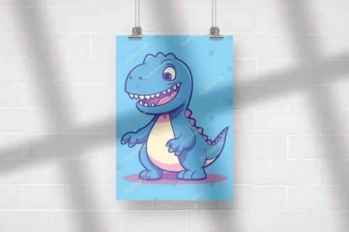 Radosny dinozaur na błękitnym tle w stylu dziecięcym