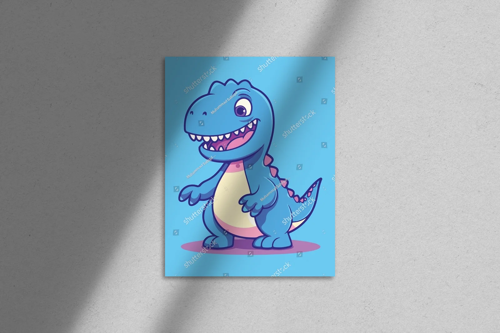 Radosny dinozaur na błękitnym tle w stylu dziecięcym