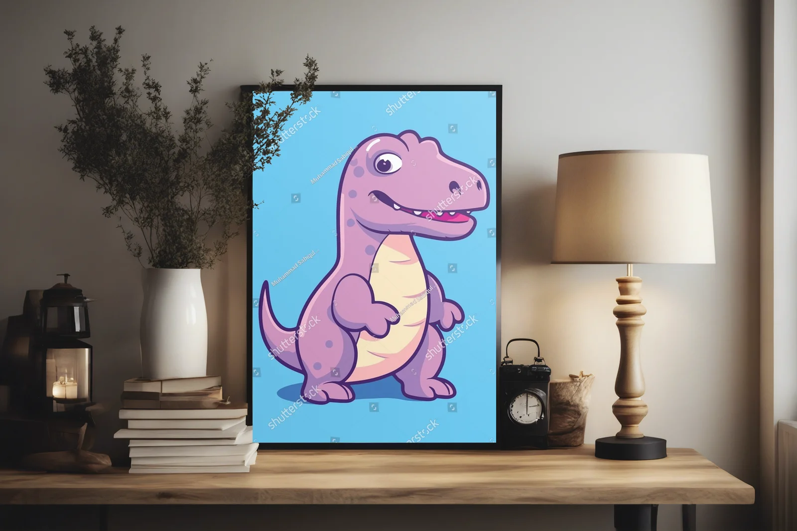 Radosny niebieski dinozaur w kolorowym otoczeniu