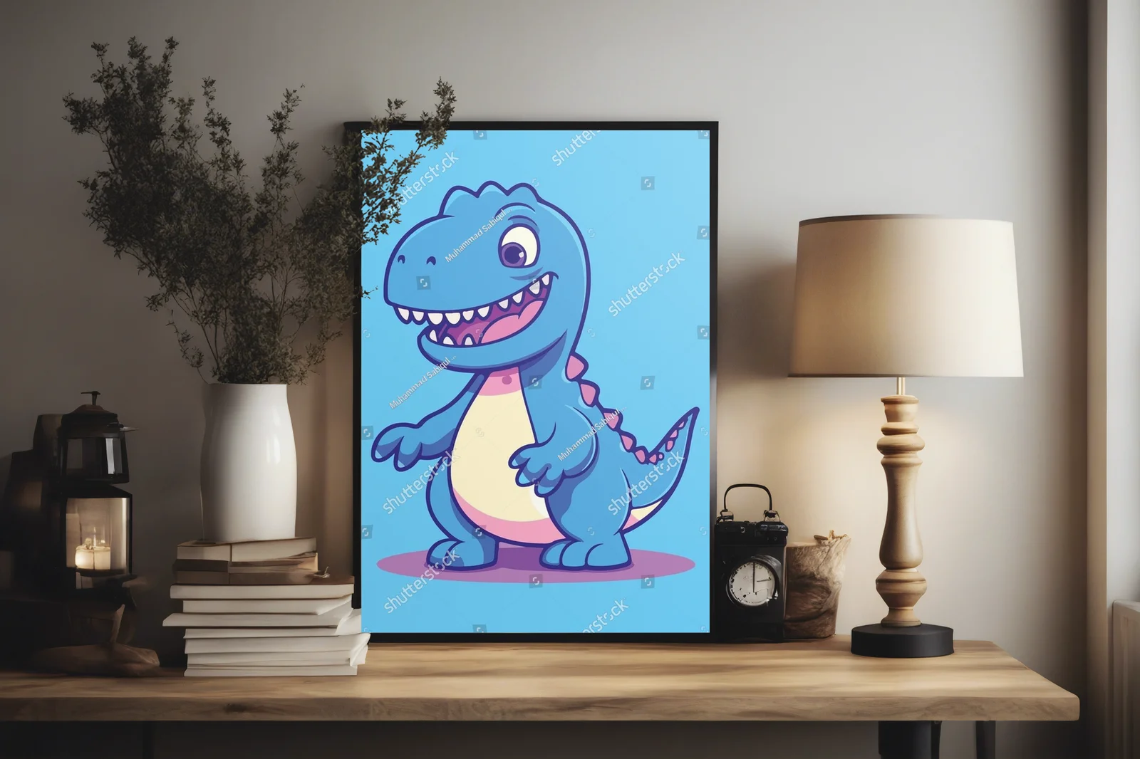 Radosny dinozaur na błękitnym tle w stylu dziecięcym