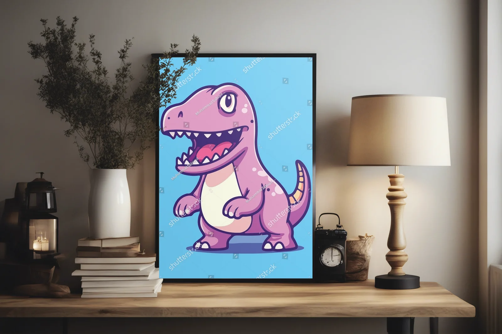 Uroczy błękitny dinozaur w radosnym otoczeniu