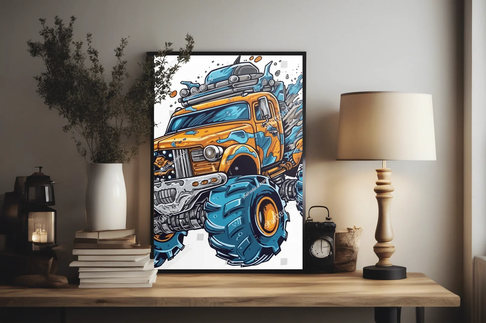 Sylwetka potężnych monster trucków w ogniu emocji
