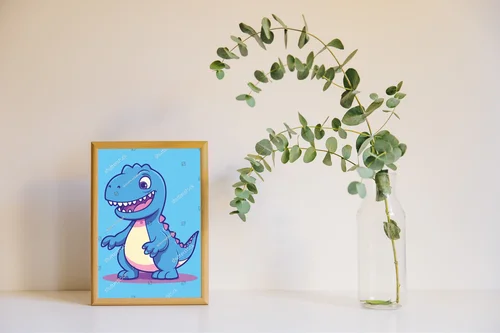 Radosny dinozaur na błękitnym tle w stylu dziecięcym