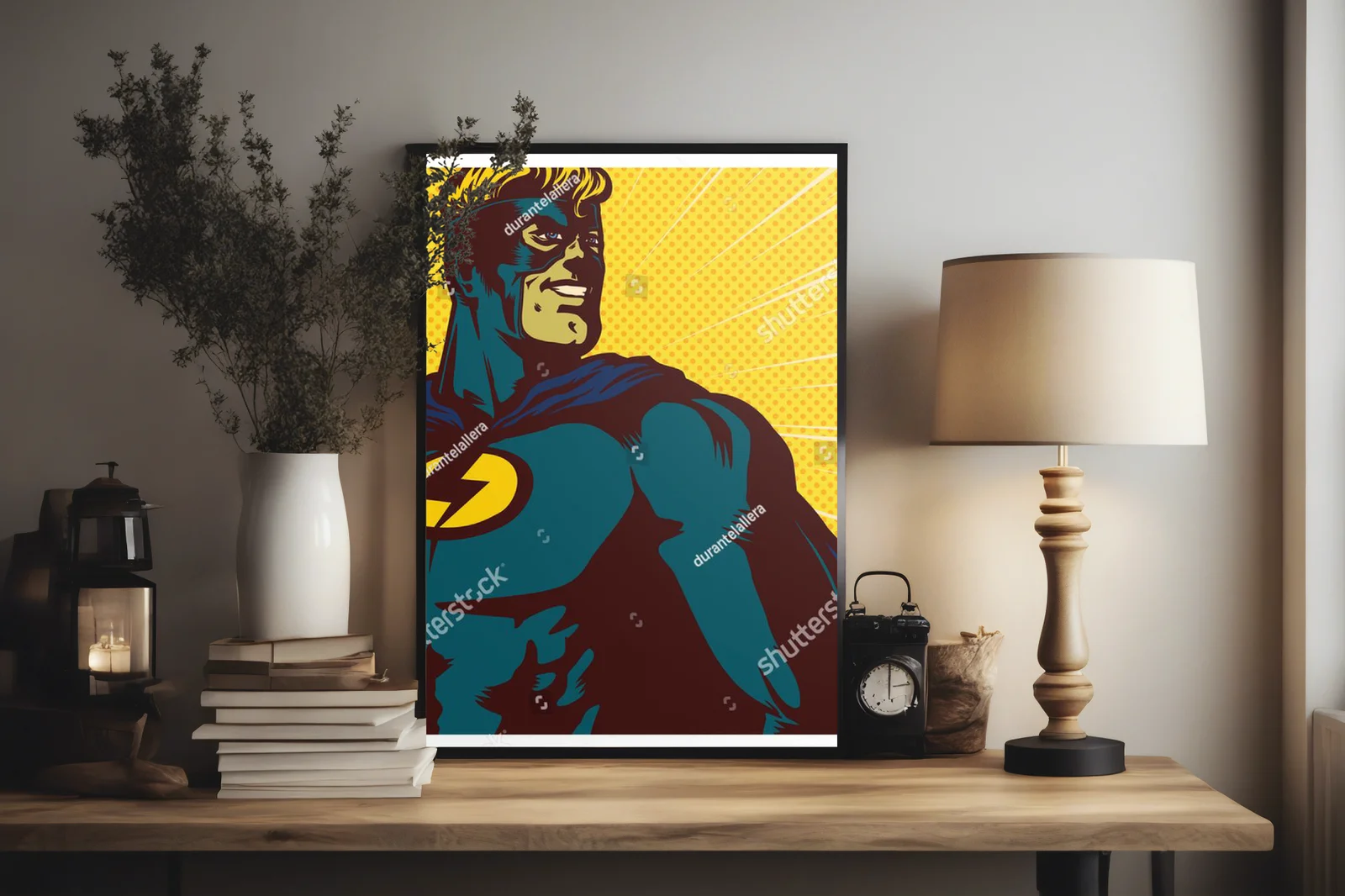 Superbohater w stylu pop art z dynamicznym tłem