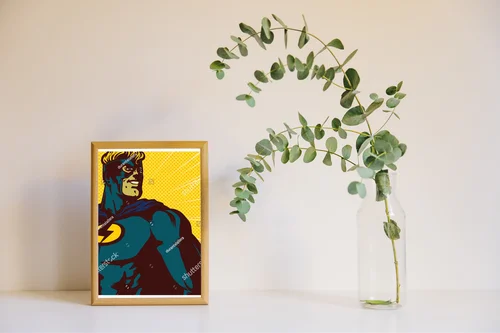Superbohater w stylu pop art z dynamicznym tłem