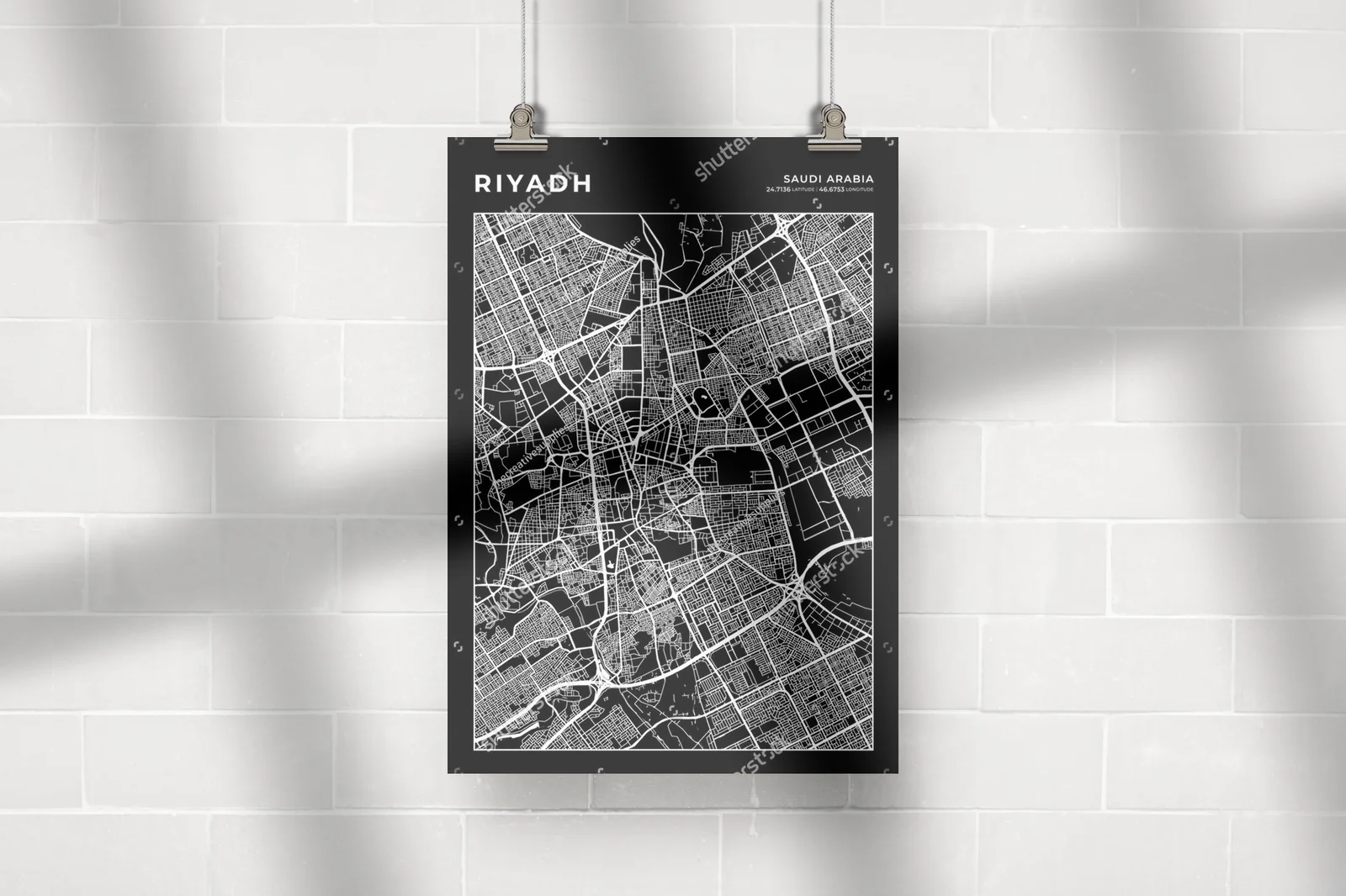 Monochromatyczna mapa Riyadh w minimalistycznym stylu
