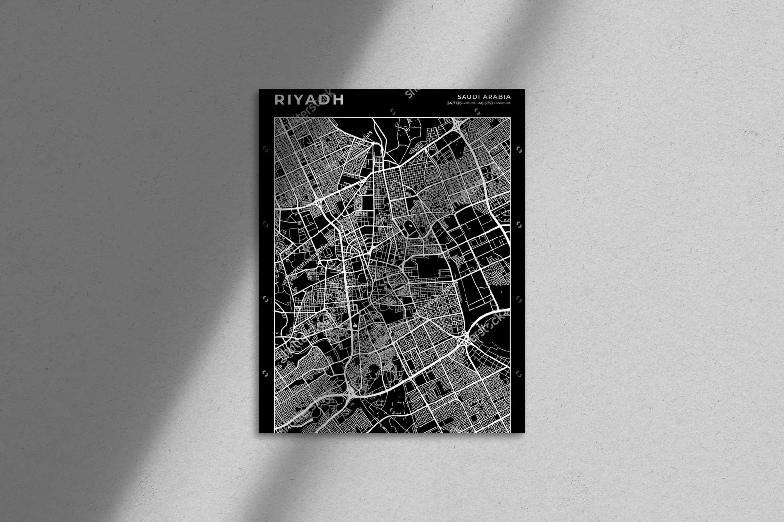 Monochromatyczna mapa Riyadh w minimalistycznym stylu