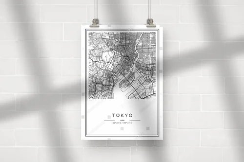 Elegancka mapa tokijskiej metropolii w czerni i bieli
