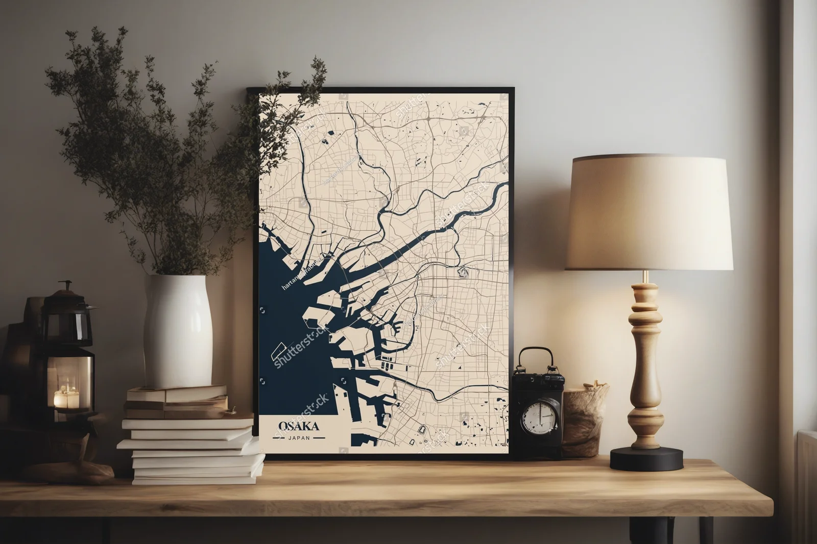 Minimalistyczna mapa Osaki w stonowanych barwach