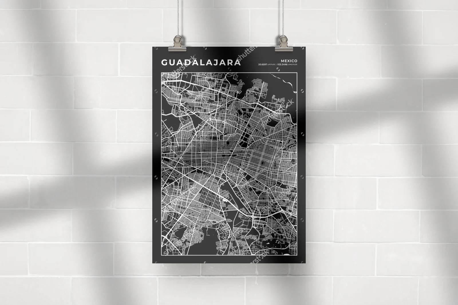 Nowoczesna mapa Guadalajara w monochromatycznej aranżacji