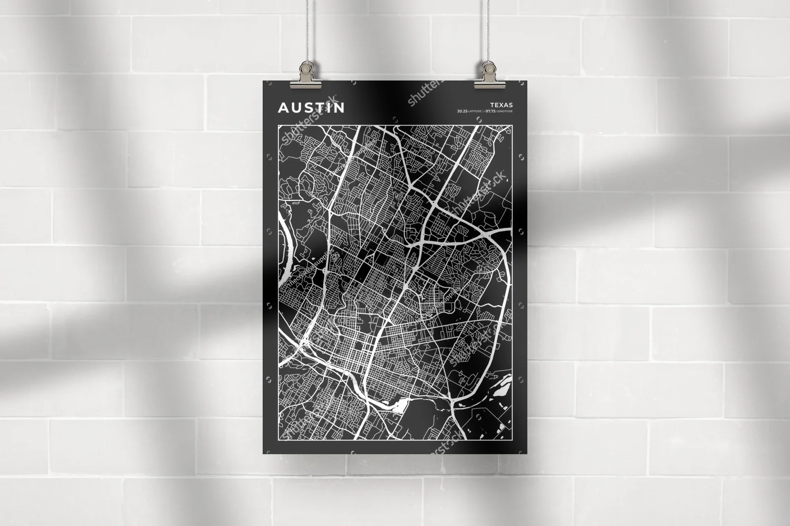 Mroczna mapa Austin w minimalistycznym stylu