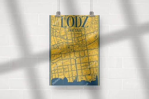 Stylowy plakat z panoramą Łodzi w żółtych tonach