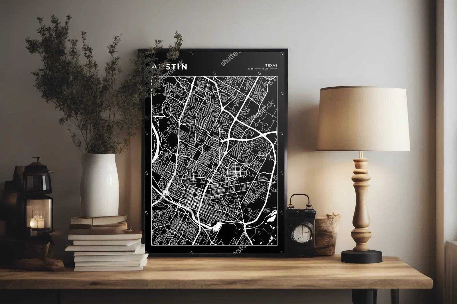 Mroczna mapa Austin w minimalistycznym stylu