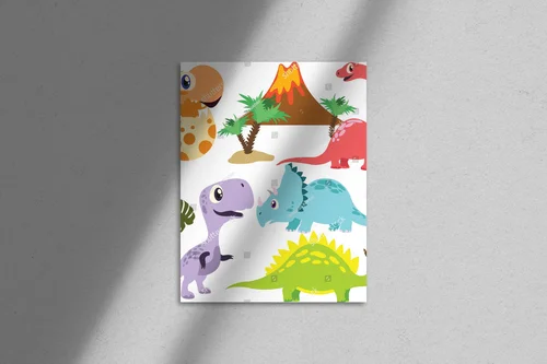 Kolorowe dinozaury w bajkowej scenerii