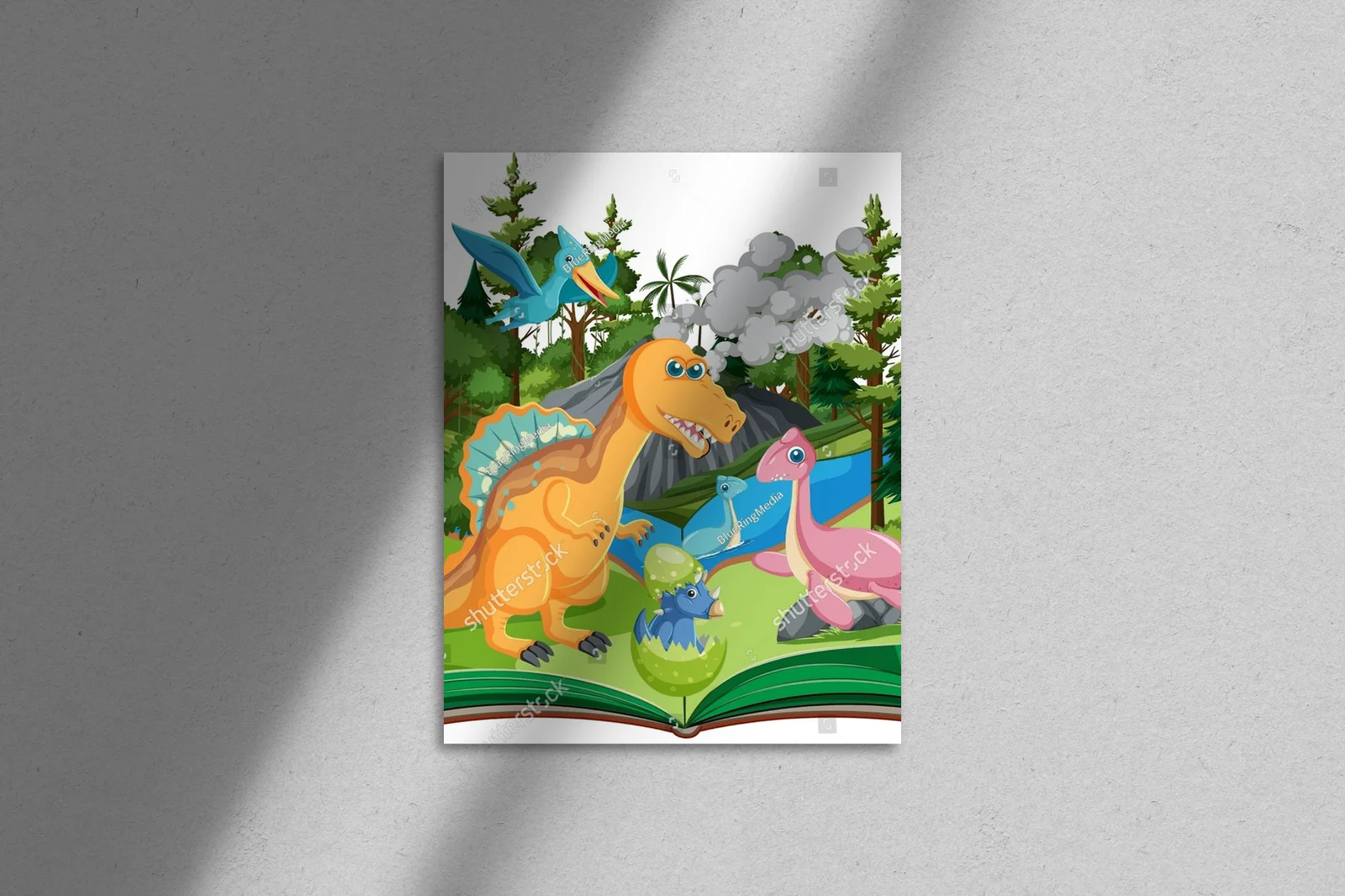 Wesoły dinozaur w leśnym bajkowym świecie