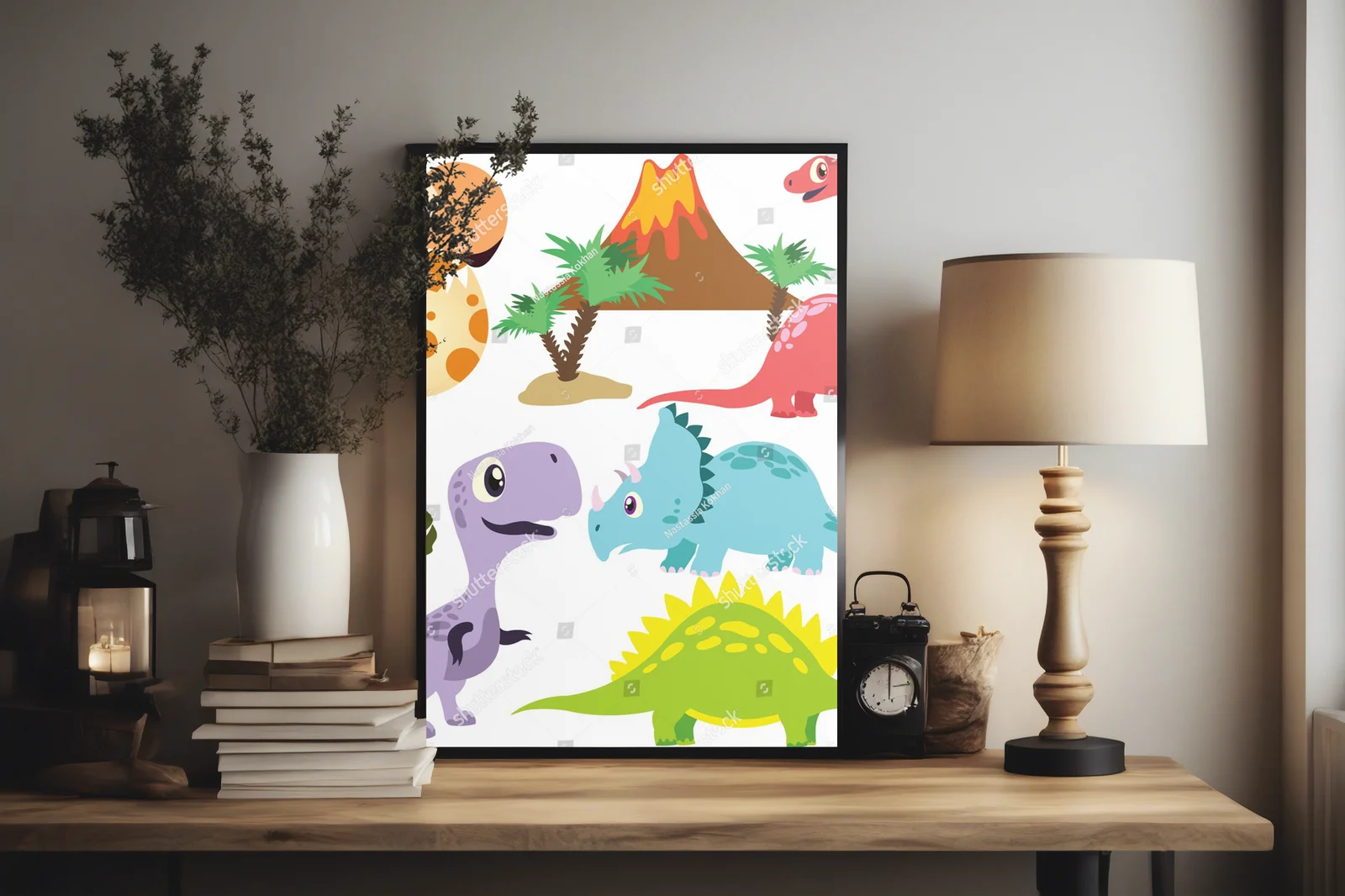 Kolorowe dinozaury w bajkowej scenerii
