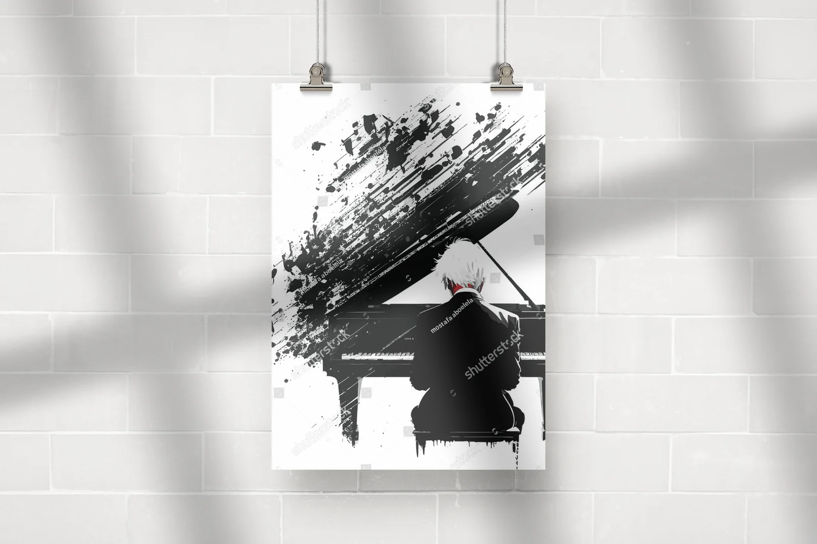 Zmysłowa sylwetka pianisty w monochromatycznej aranżacji