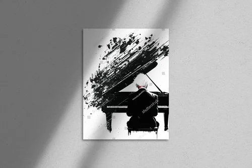 Zmysłowa sylwetka pianisty w monochromatycznej aranżacji