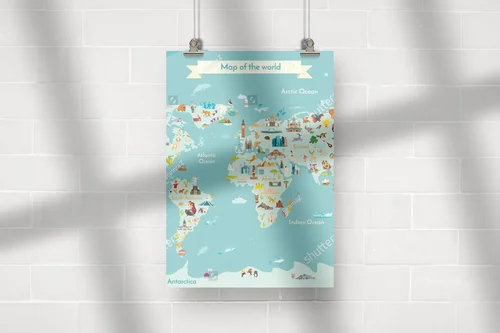 Kolorowa mapa świata z ikonami podróży