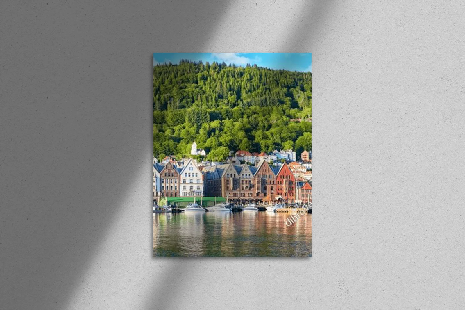 Panorama letniego portu Bryggen w Bergen, Norwegia